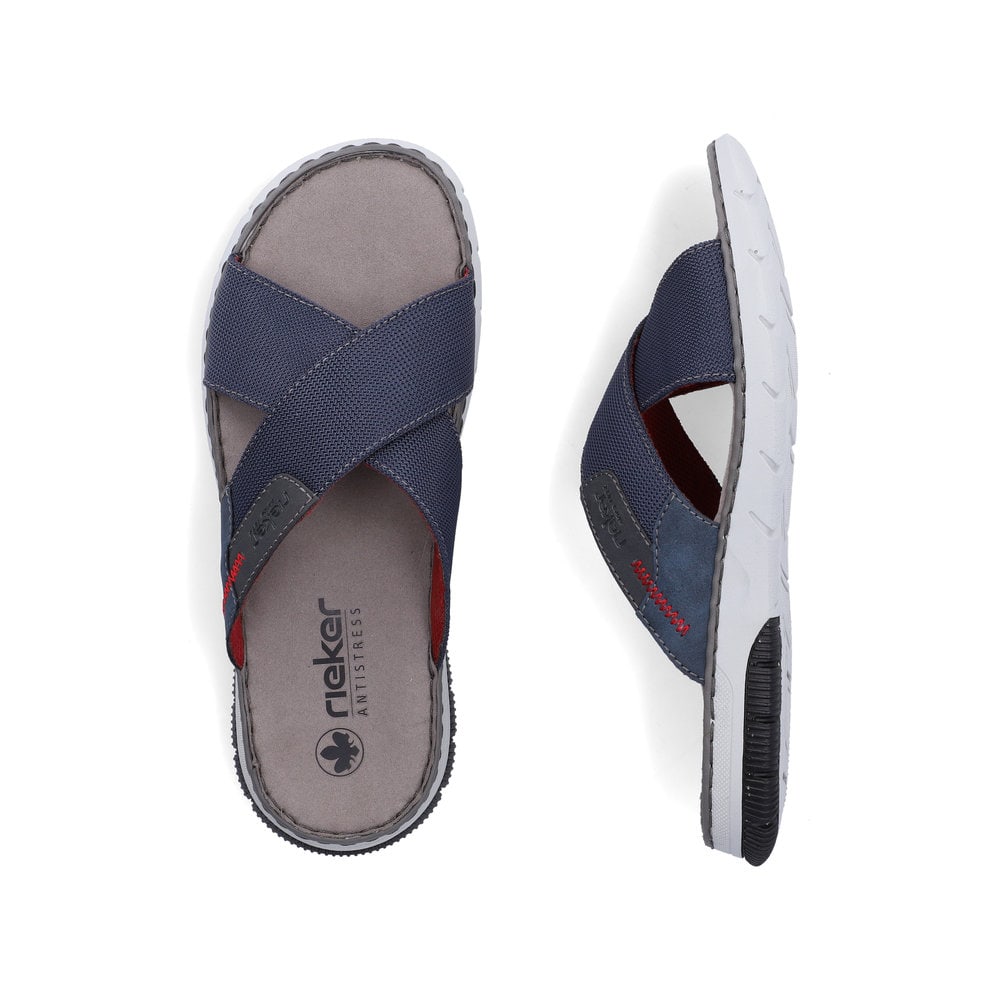 Blaue Rieker Herren Pantoletten 25250-14 mit der Komfortweite G. Schuh von oben, liegend.
