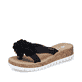 Tiefschwarze Rieker Damen Zehentrenner V4391-00 mit dekorativer Blume. Schuh seitlich schräg.