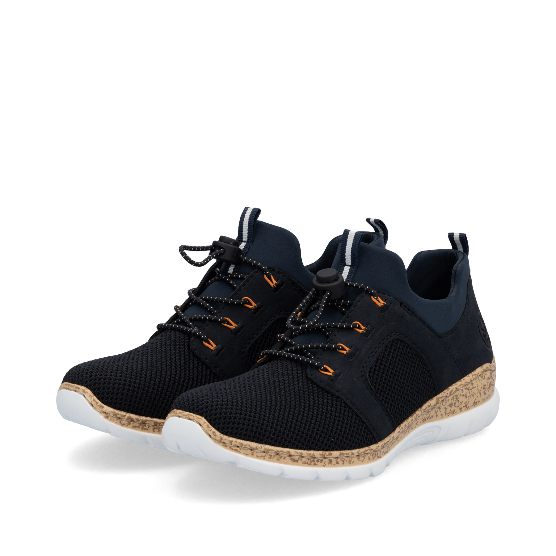 Chaussons Rieker bleus pour femme N4290-14 avec bande élastique. Chaussures inclinées sur le côté.