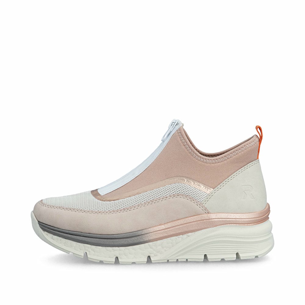 Rosane vegane Rieker Damen Sneaker High 48053-31 mit einem Reißverschluss. Schuh Außenseite.