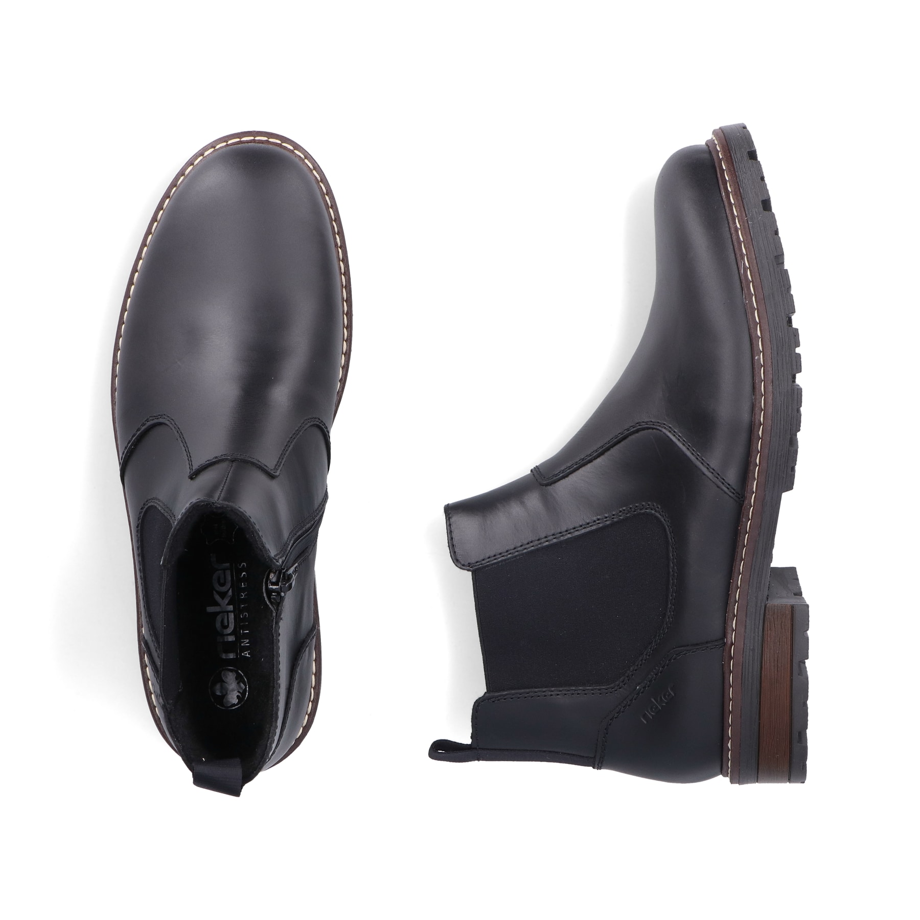 Schwarze Rieker Herren Chelsea Boots 32052-00 aus Glattleder mit Reißverschluss. Schuh von oben, liegend.