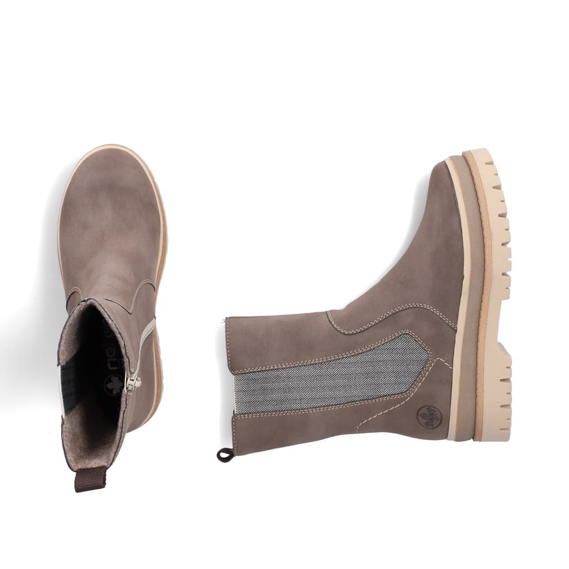 Braun-beige Rieker Damen Chelsea Boots Y6280-25 mit einem Reißverschluss. Schuh von oben, liegend.