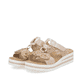 Goldene Rieker Damen Pantoletten V0200-90 mit einem Klettverschluss. Schuhpaar seitlich schräg.
