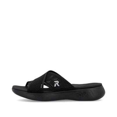 Schwarze vegane Rieker Damen Pantoletten V2105-00 mit einer ultraleichten Sohle. Schuh Außenseite.