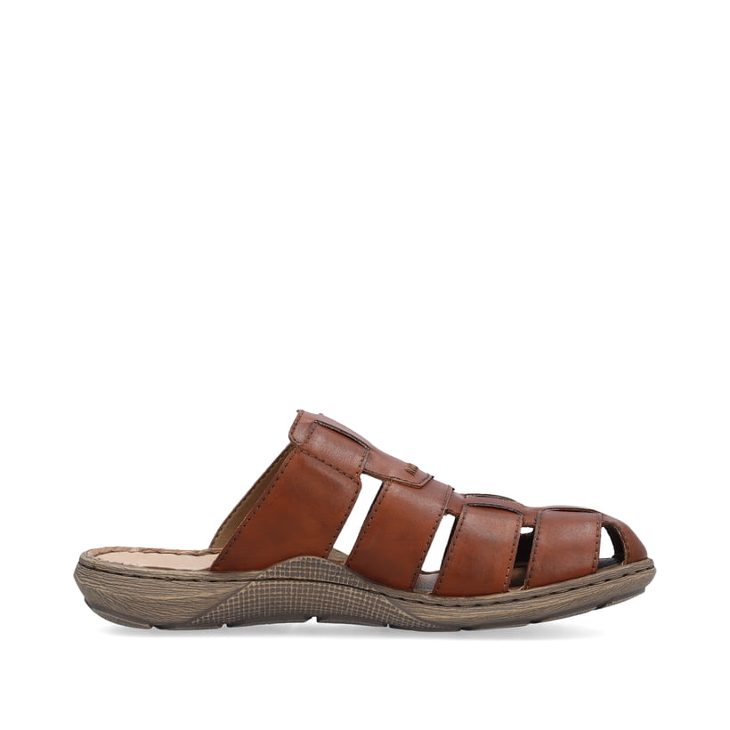 Braune Rieker Herren Pantoletten 22087-24 mit einem Klettverschluss. Schuh Innenseite.
