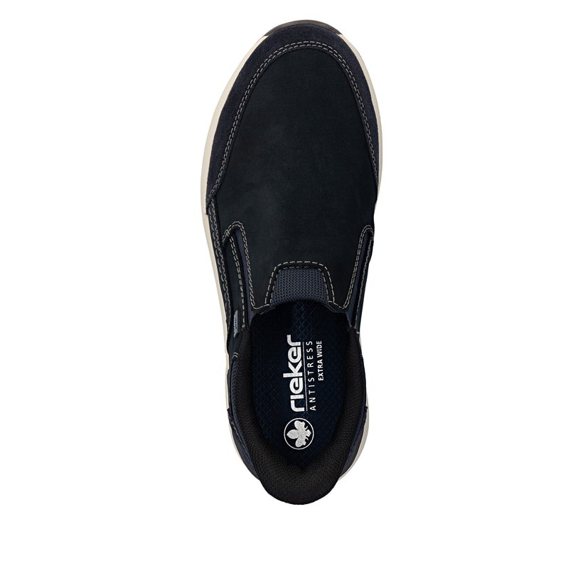 Mocassins Rieker bleus pour homme 11551-14 en cuir suédé. Semelle extérieure de la chaussure.