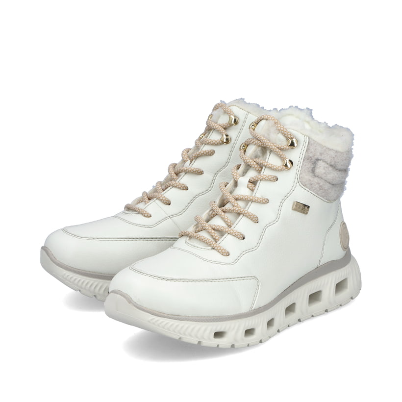 Weiße Rieker Damen Schnürstiefel M6010-80 mit flexibler und ultra leichter Sohle. Schuhpaar seitlich schräg.