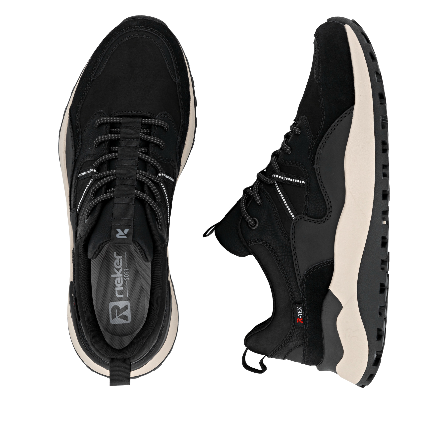 Baskets basses Rieker noires pour homme U1301-02 avec membrane RiekerTEX. Chaussure vue de dessus, couchée.
