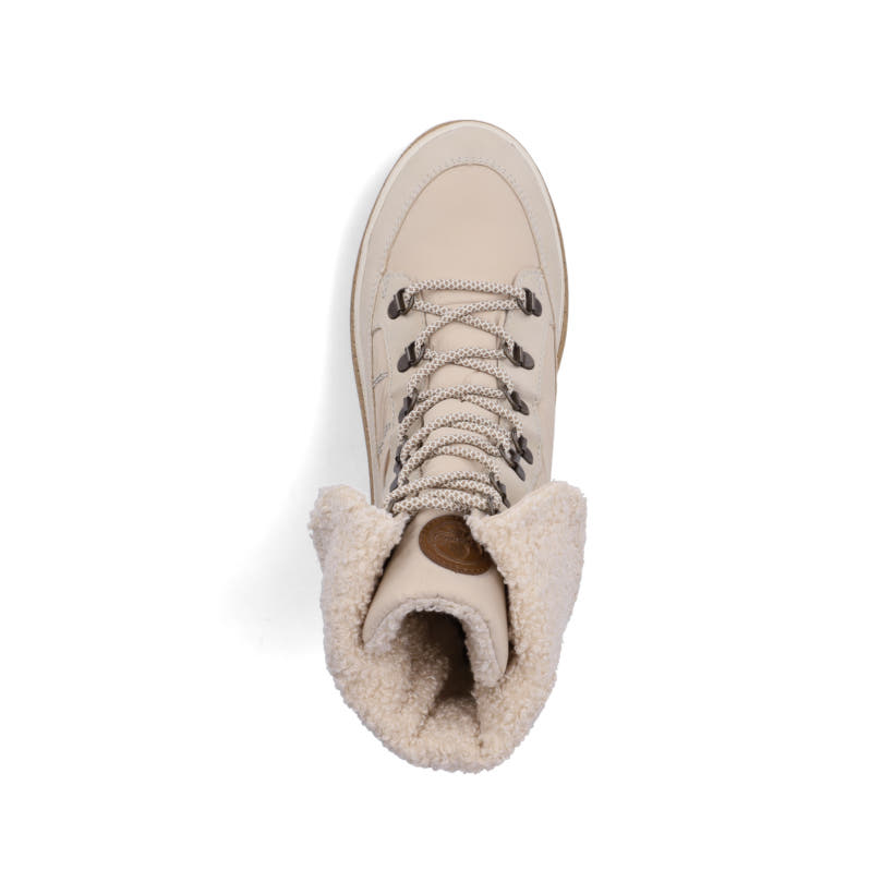 Beige Rieker Damen Schnürstiefel Y6200-62 mit wasserabweisender TEX-Membran. Schuh von oben.