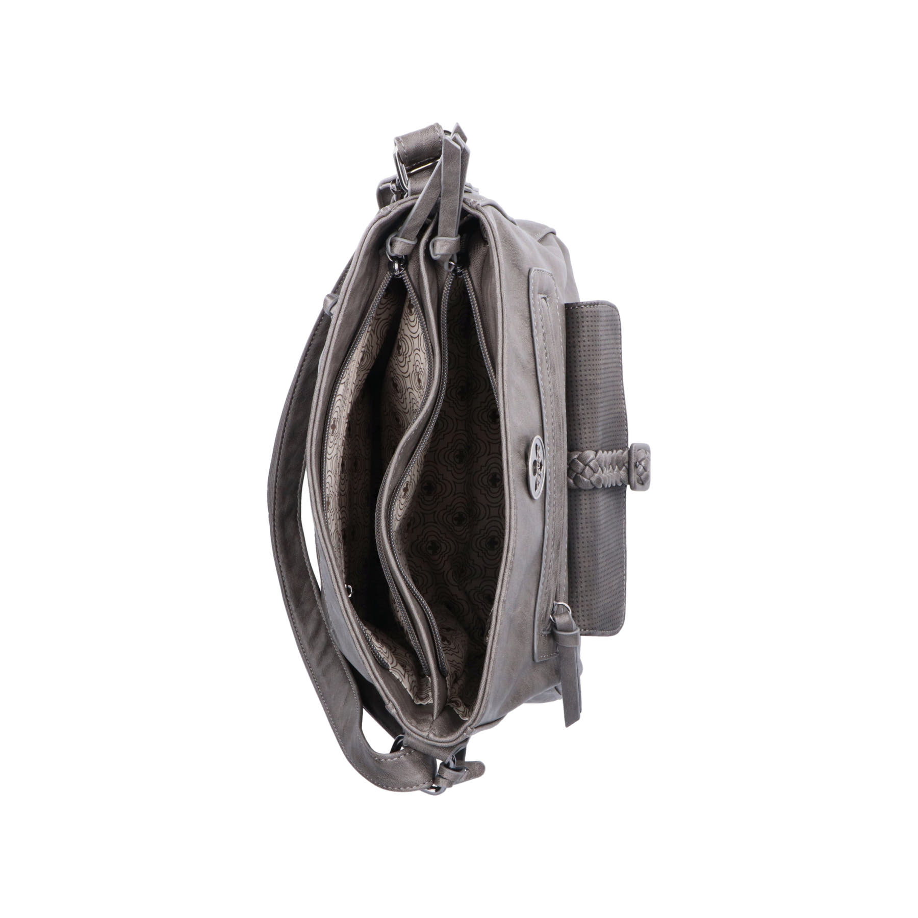 Sac à main Rieker H1340-42 en gris avec sangle décorative tressée, fermeture éclair et poche pour téléphone portable. Ouvert.