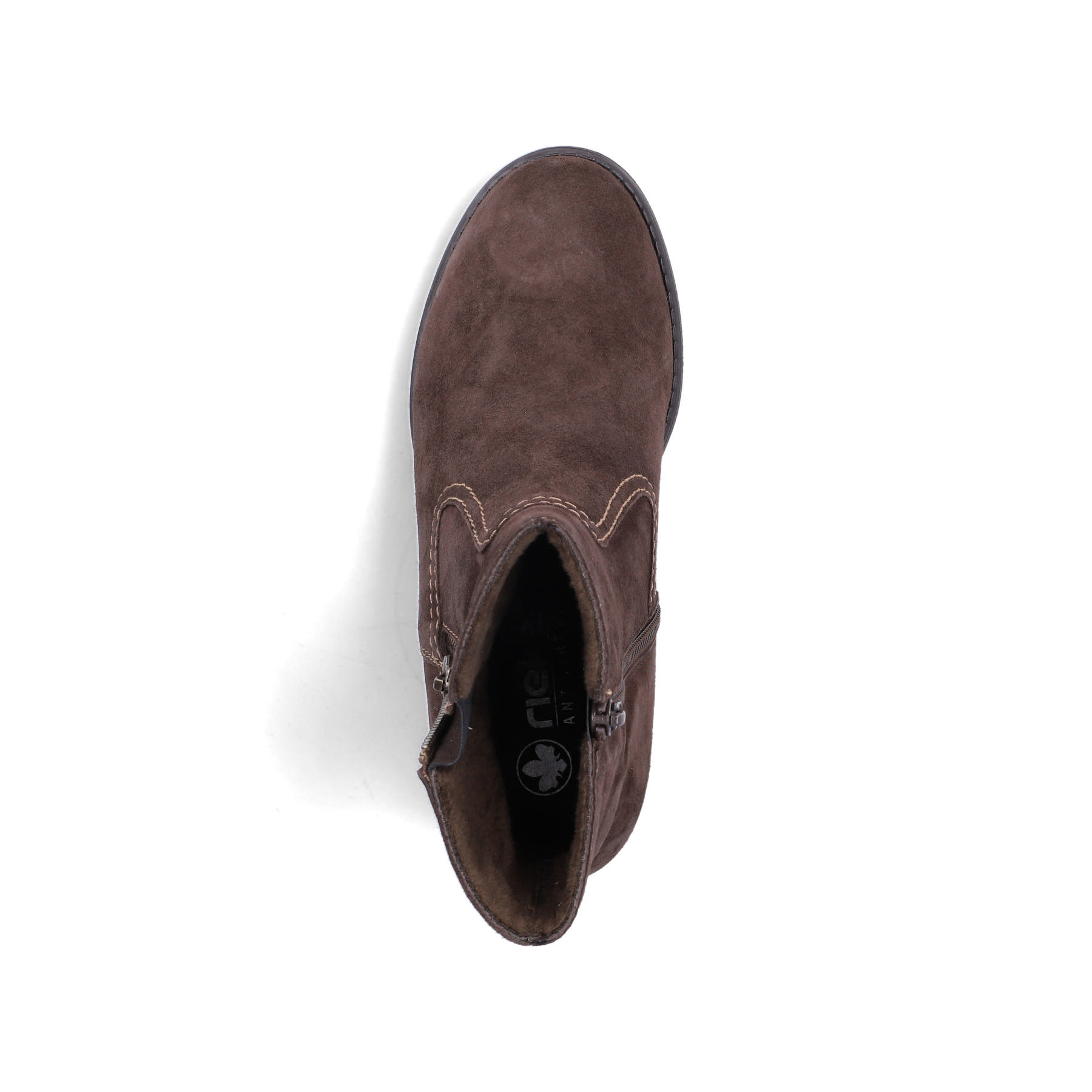 Dunkelbraune Rieker Damen Kurzstiefel 75460-24 aus Rauleder mit Reißverschluss. Schuh von oben.