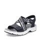 Blaue Rieker Damen Trekkingsandalen V9875-14 mit einem Elastikeinsatz. Schuh seitlich schräg.