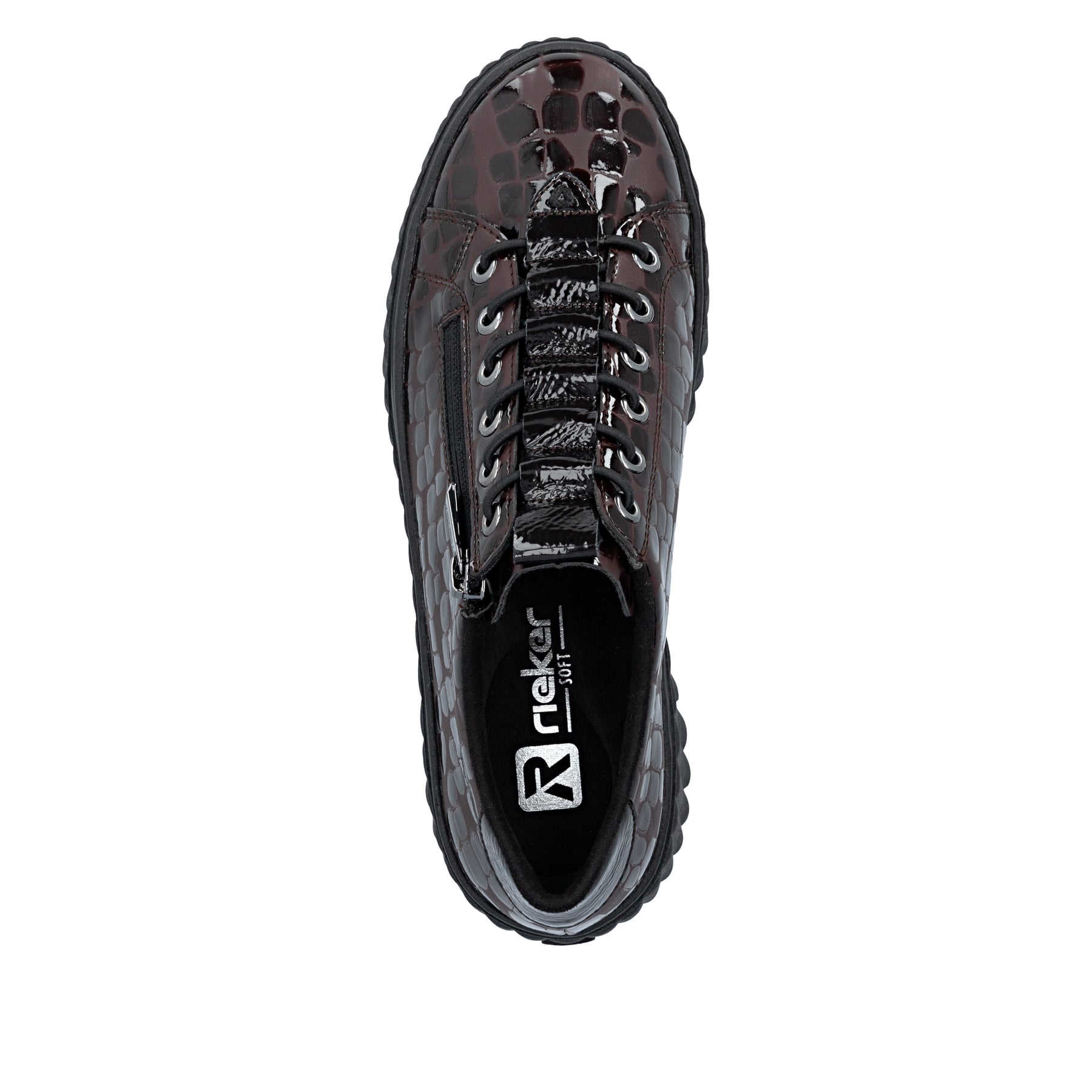 Dunkelbraune Rieker Damen Sneaker Low N2555-25 mit einem Reißverschluss. Schuh von oben.