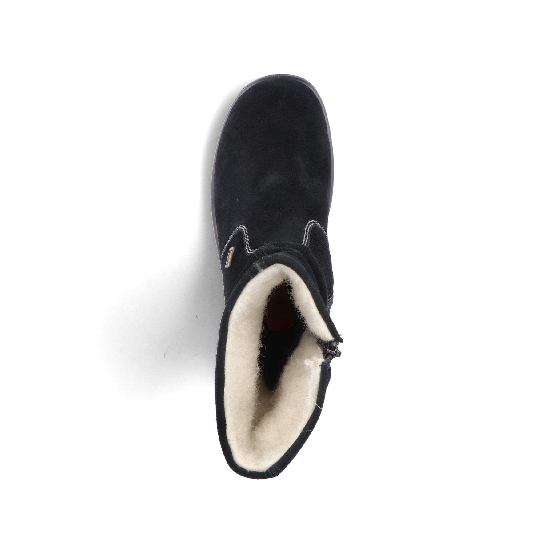 Tiefschwarze Rieker Damen Kurzstiefel Z68M1-01 mit einer schockabsorbierenden Sohle. Schuh seitlich schräg