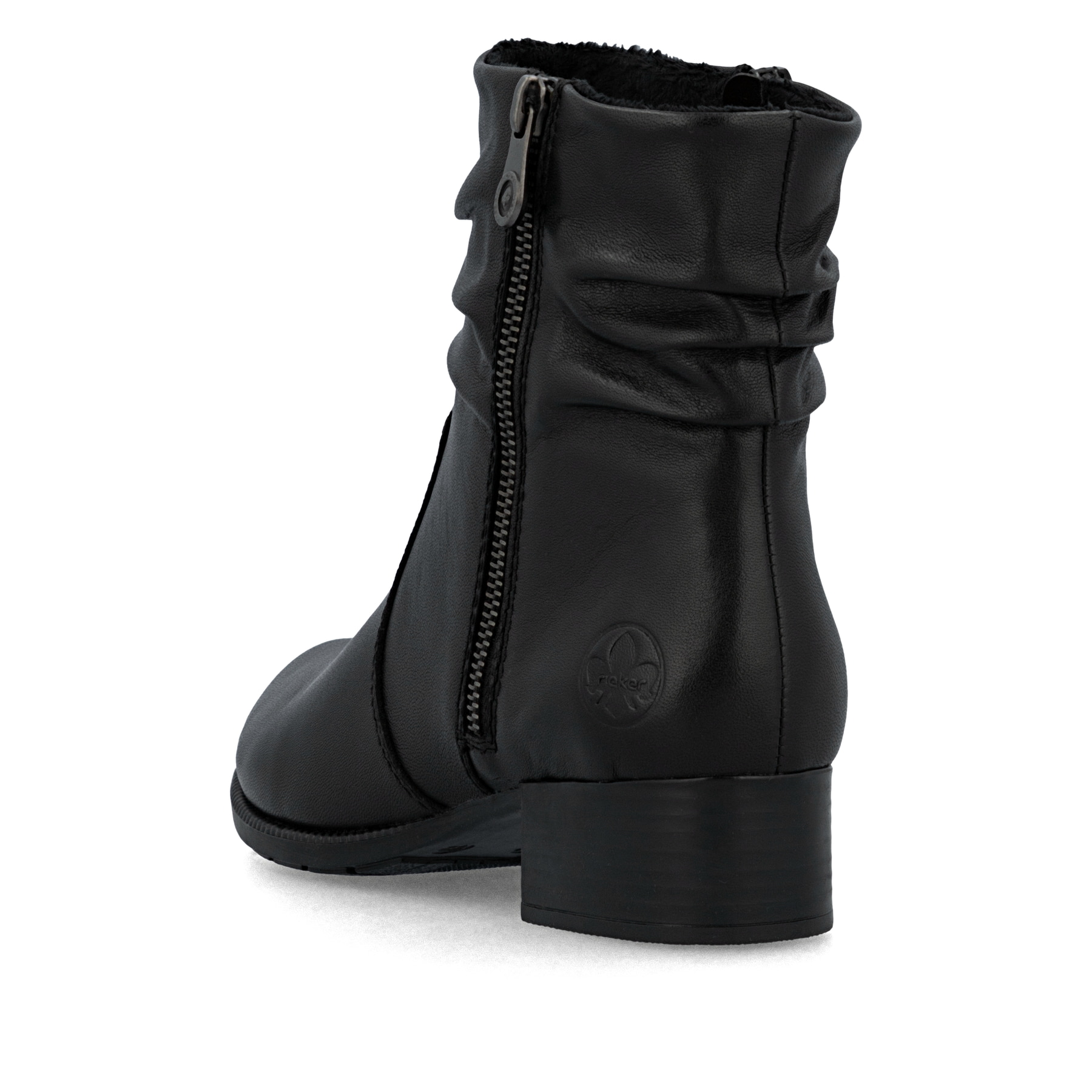 Schwarze Rieker Damen Stiefeletten 78656-00 aus Glattleder mit Reißverschluss. Schuh von hinten.