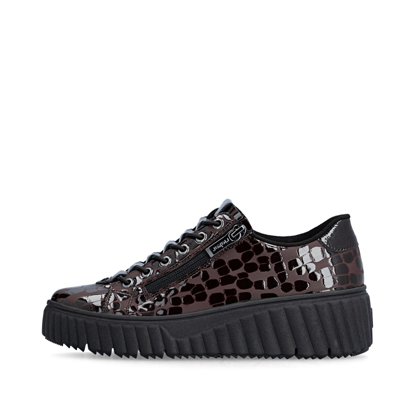 Dunkelbraune Rieker Damen Sneaker Low N2555-25 mit einem Reißverschluss. Schuh Außenseite.