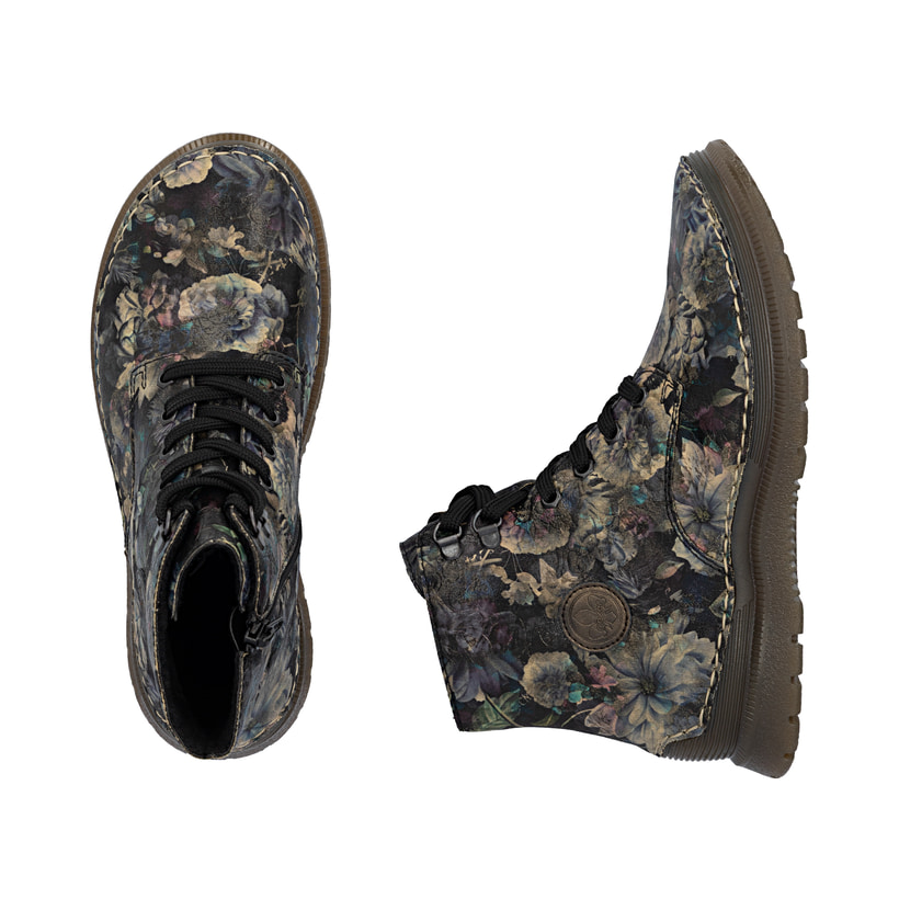 Schwarze Rieker Damen Schnürstiefel 53632-90 mit floralem Aufdruck. Schuh von oben, liegend.