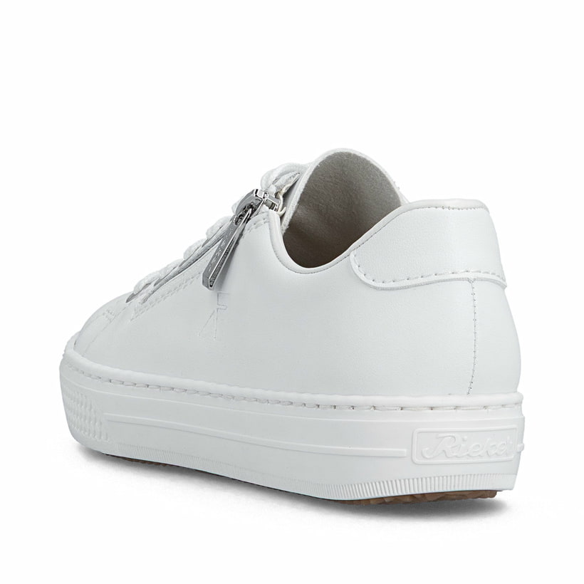 Weiße Rieker Damen Sneaker Low L59L1-83 mit einem Reißverschluss. Schuh von hinten.