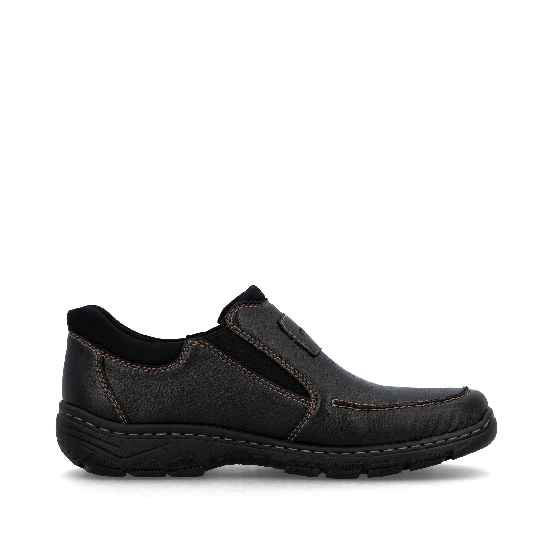 Mocassins Rieker noirs pour hommes 19961-03 avec bande élastique. Côté intérieur de la chaussure.