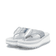 Blaue vegane Rieker Damen Zehentrenner W3054-14 mit leichter und griffiger Sohle. Schuhpaar seitlich schräg.