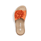 Orangene Rieker Damen Pantoletten V1562-38 mit dekorativer Blume. Schuh von oben.