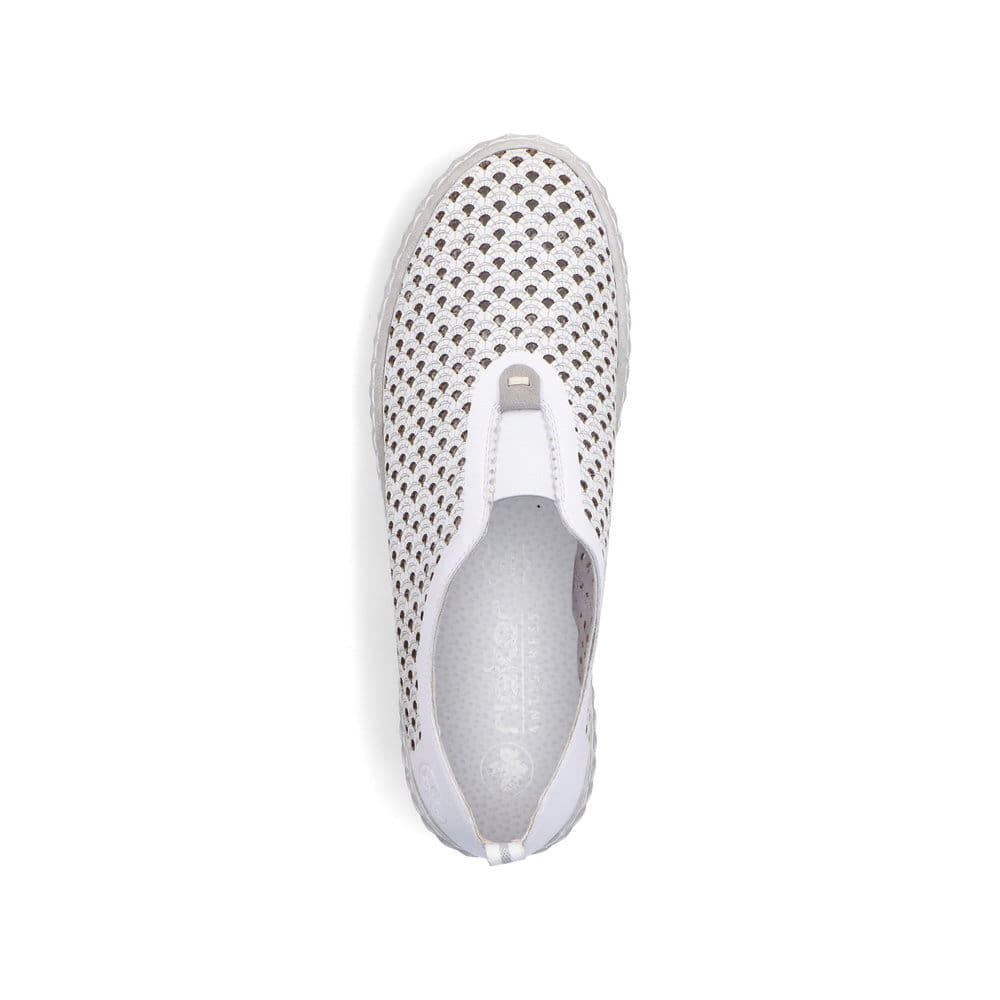 Chaussons Rieker blancs pour femme N0965-80 en optique Ã  trous. Chaussure vue de dessus.