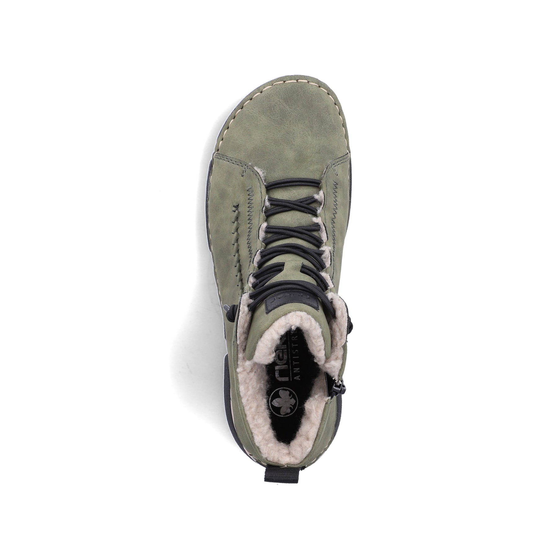 Khaki-schwarze Rieker Damen Schnürstiefel 45912-54 mit markanter Anflechter-Naht. Schuh von oben.