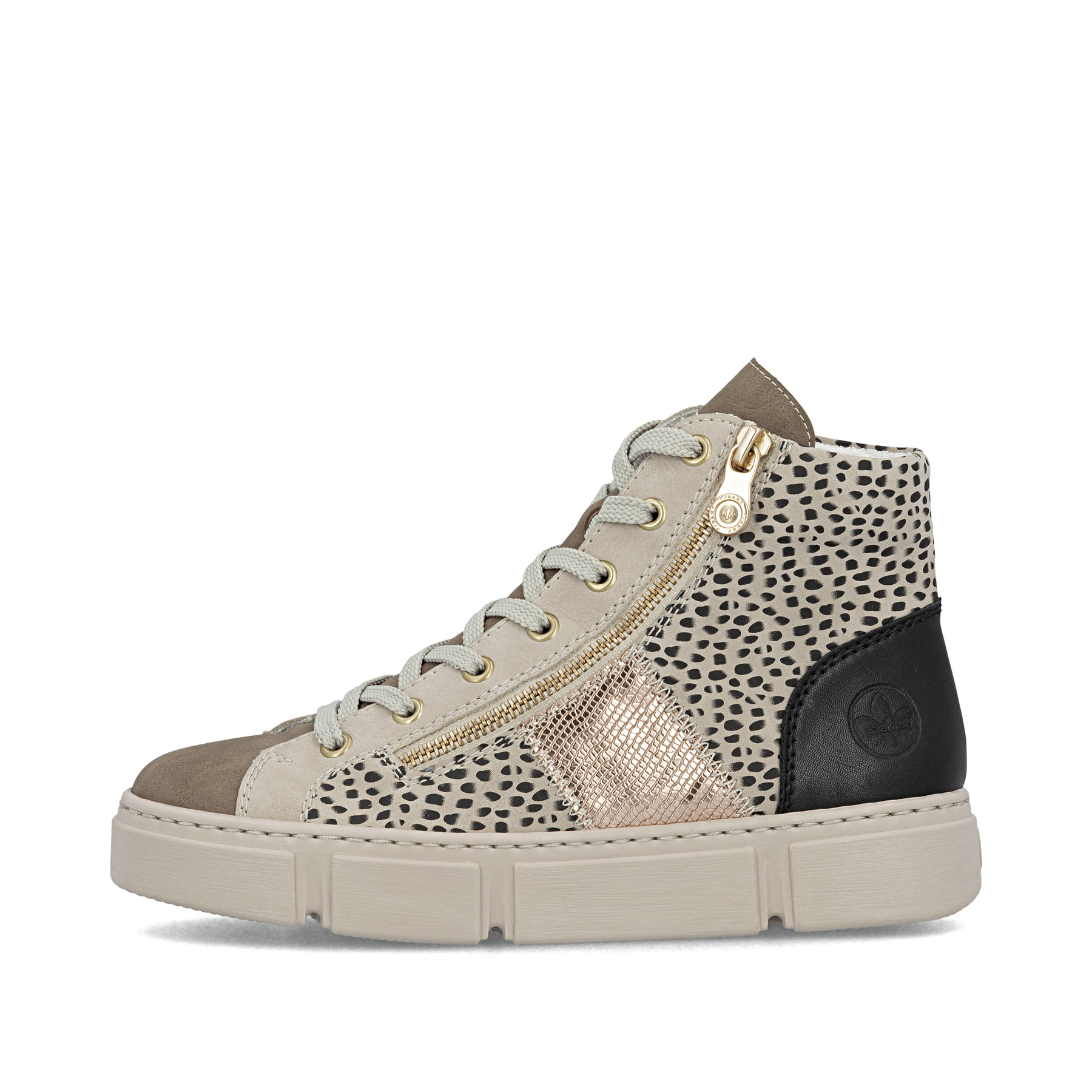 Beige Rieker Damen Sneaker High N5931-62 mit Animal-Print sowie Reißverschluss. Schuh Außenseite.
