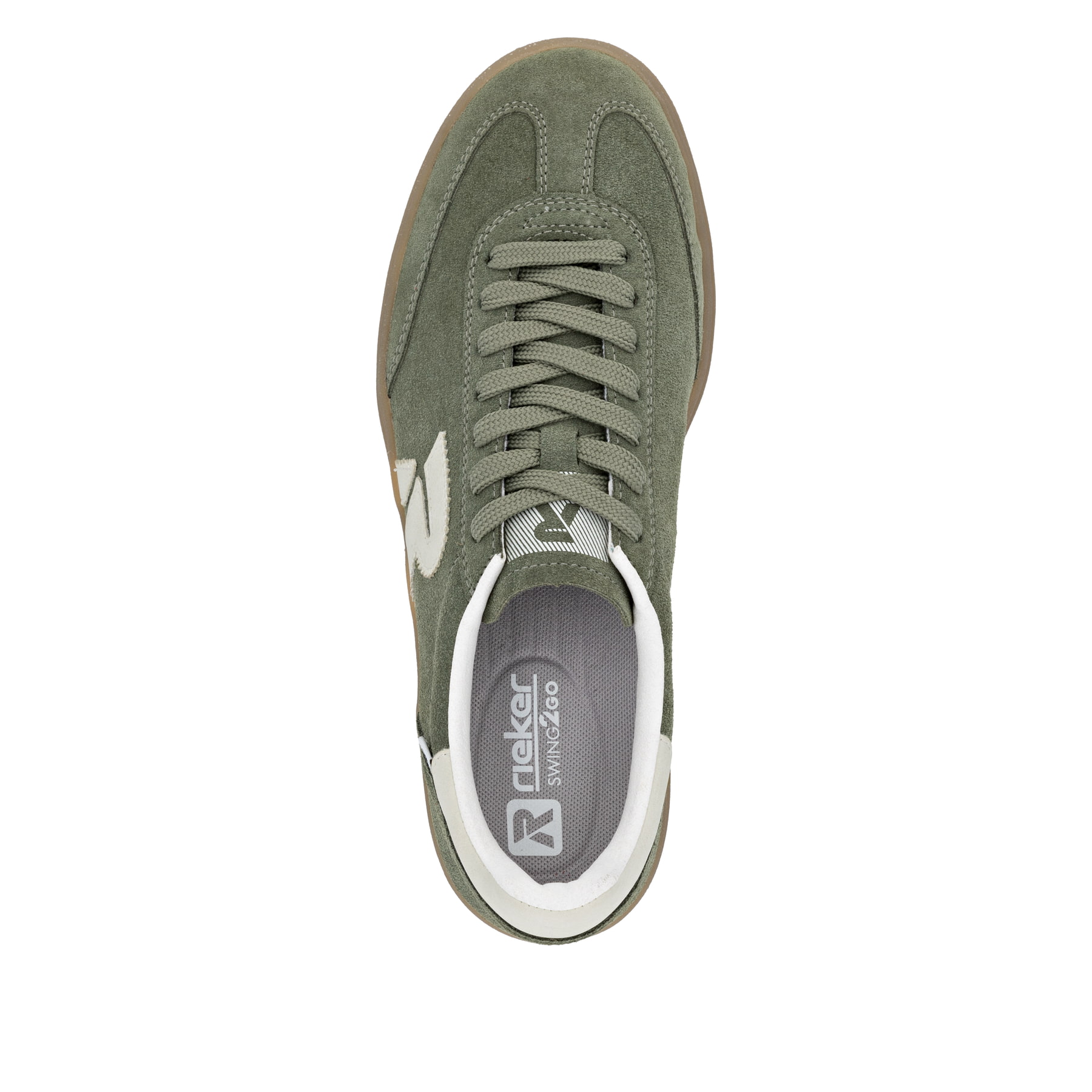 Grüne Rieker Damen Sneaker Low W3700-54 mit einer Schnürung. Schuh von oben.
