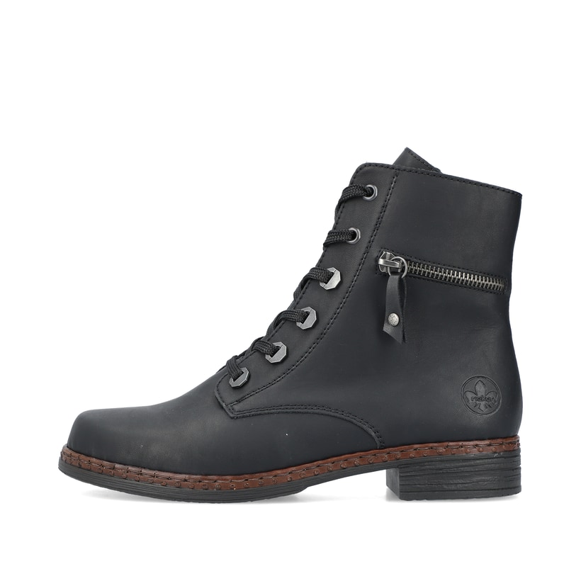 
Nachtschwarze Rieker Damen Schnürstiefel 75142-01 mit Schnürung und Reißverschluss. Schuh Außenseite