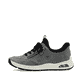 Grauschwarze Rieker Damen Slipper 44567-42 mit Rieker Air Sohlenfenster. Schuh Außenseite.