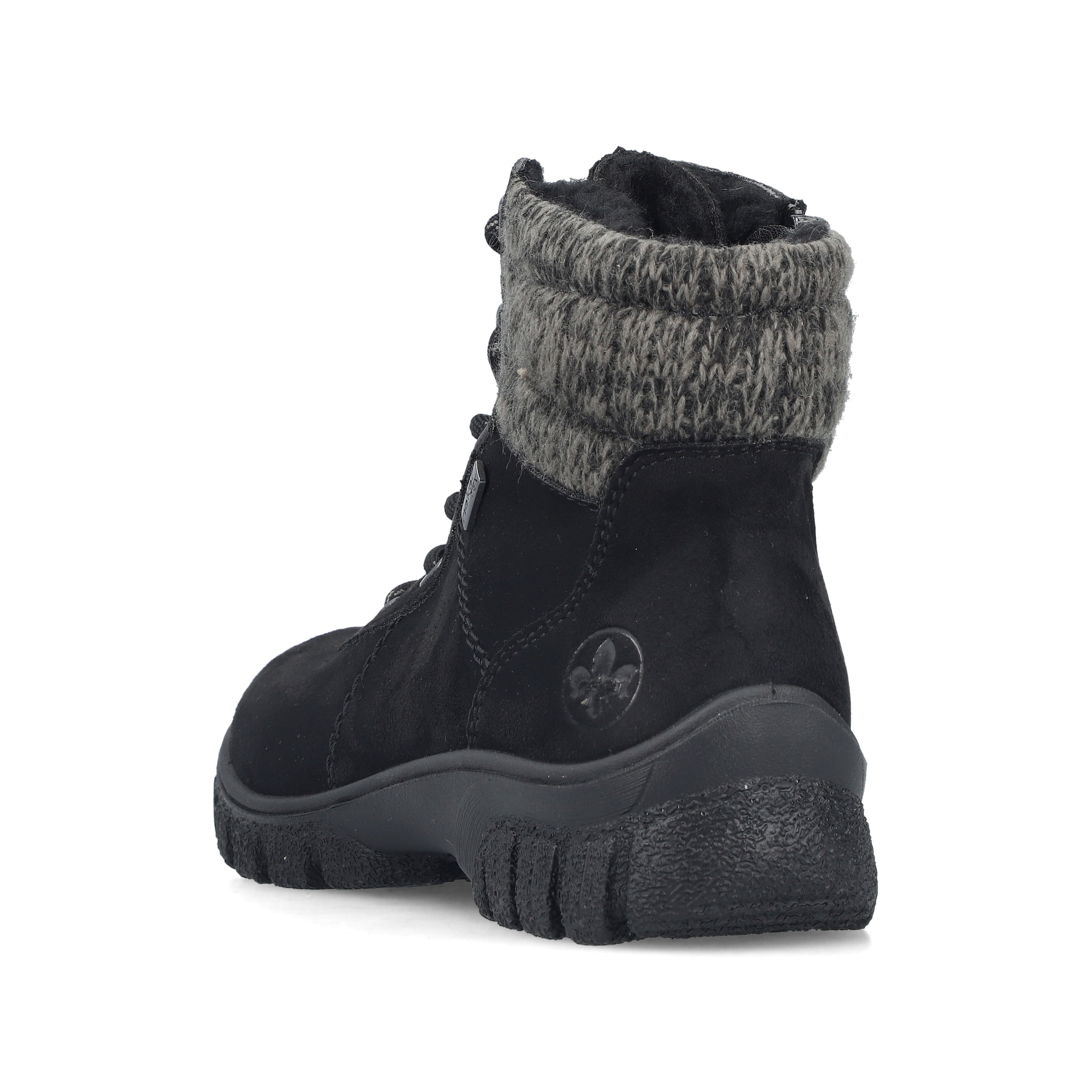 Schwarze Rieker Damen Schnürstiefel Z7220-00 mit wasserabweisender TEX-Membran. Schuh von hinten.