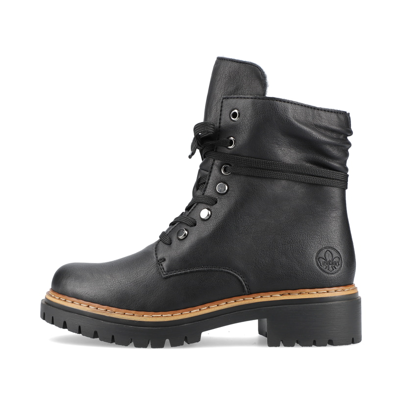 
Tiefschwarze Rieker Damen Biker Boots 72621-00 mit Schnürung und Reißverschluss. Schuh Außenseite