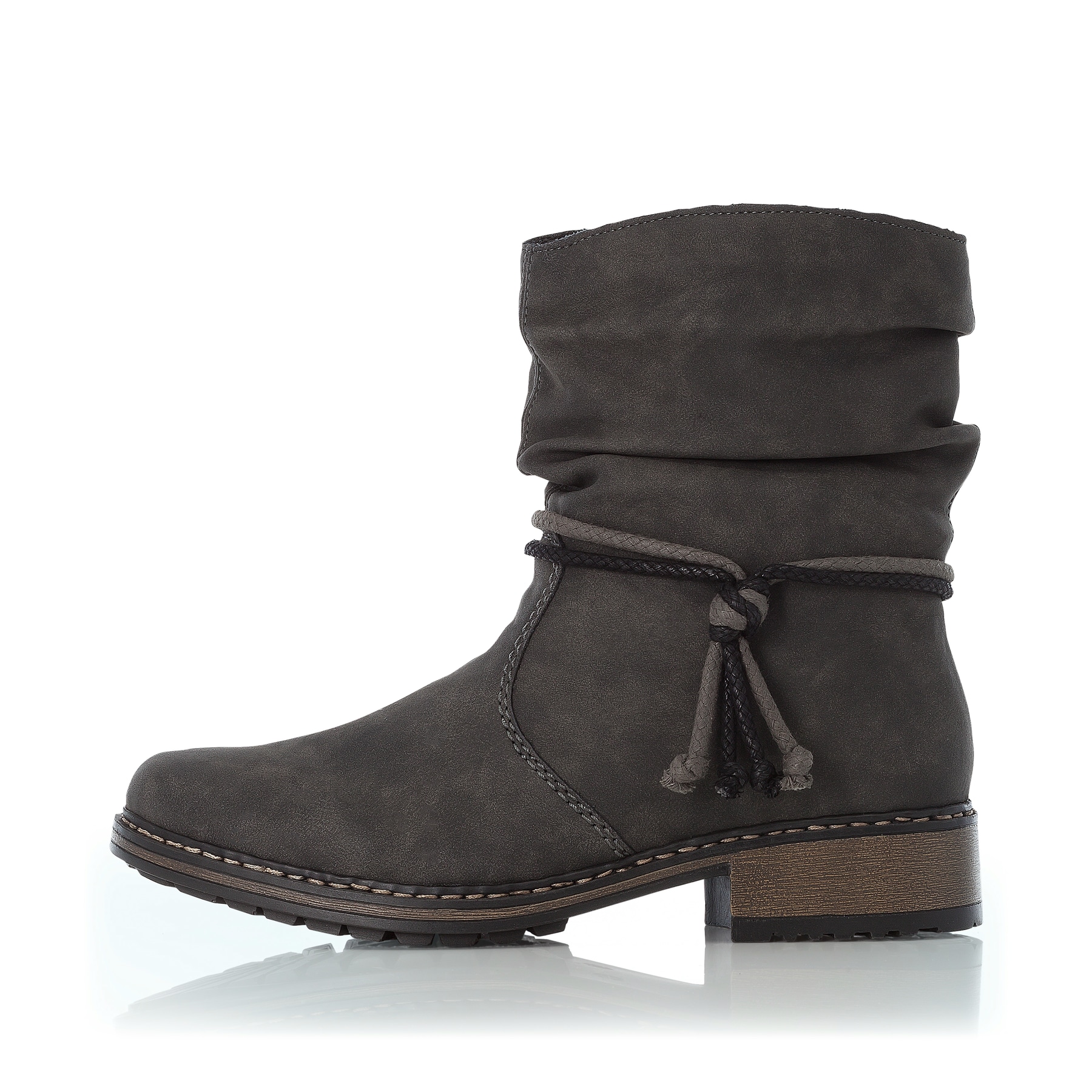 Asphaltgraue Rieker Damen Kurzstiefel Z6893-45 mit einer schockabsorbierenden Sohle. Schuh Außenseite