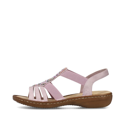 Pastellrosane Rieker Damen Riemchensandalen 60801-30 mit einem Elastikeinsatz. Schuh Außenseite.