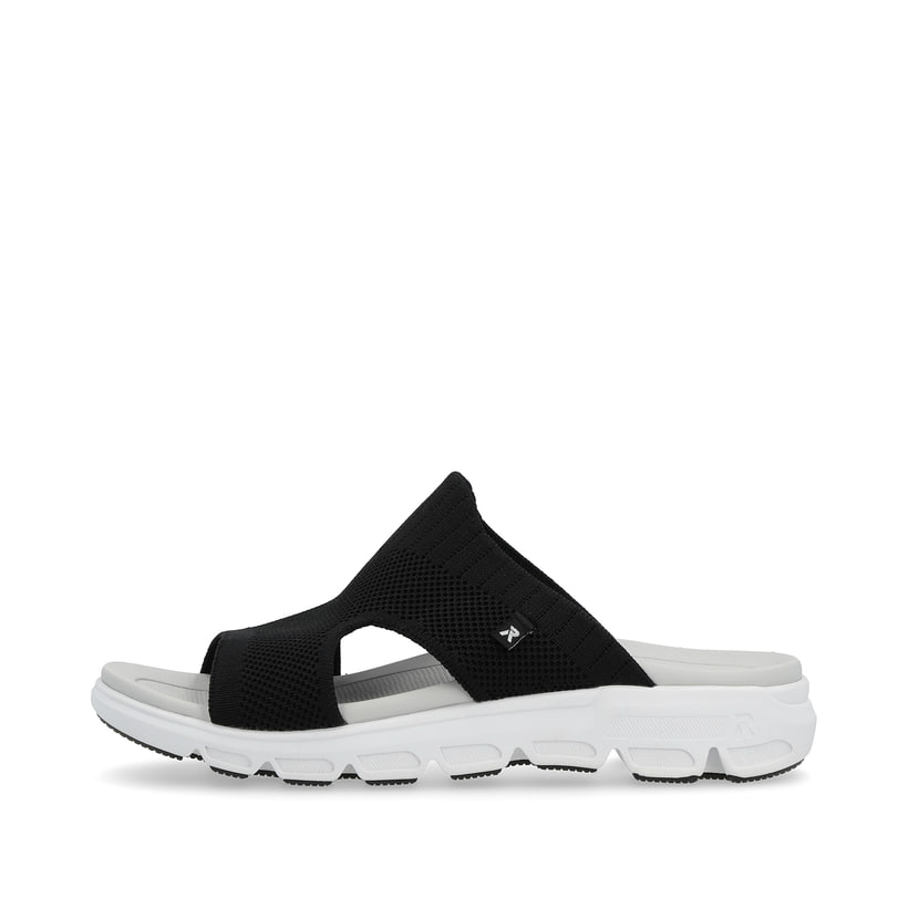 Schwarze waschbare Rieker Damen Pantoletten V8451-00 mit einem Gummizug. Schuh Außenseite.