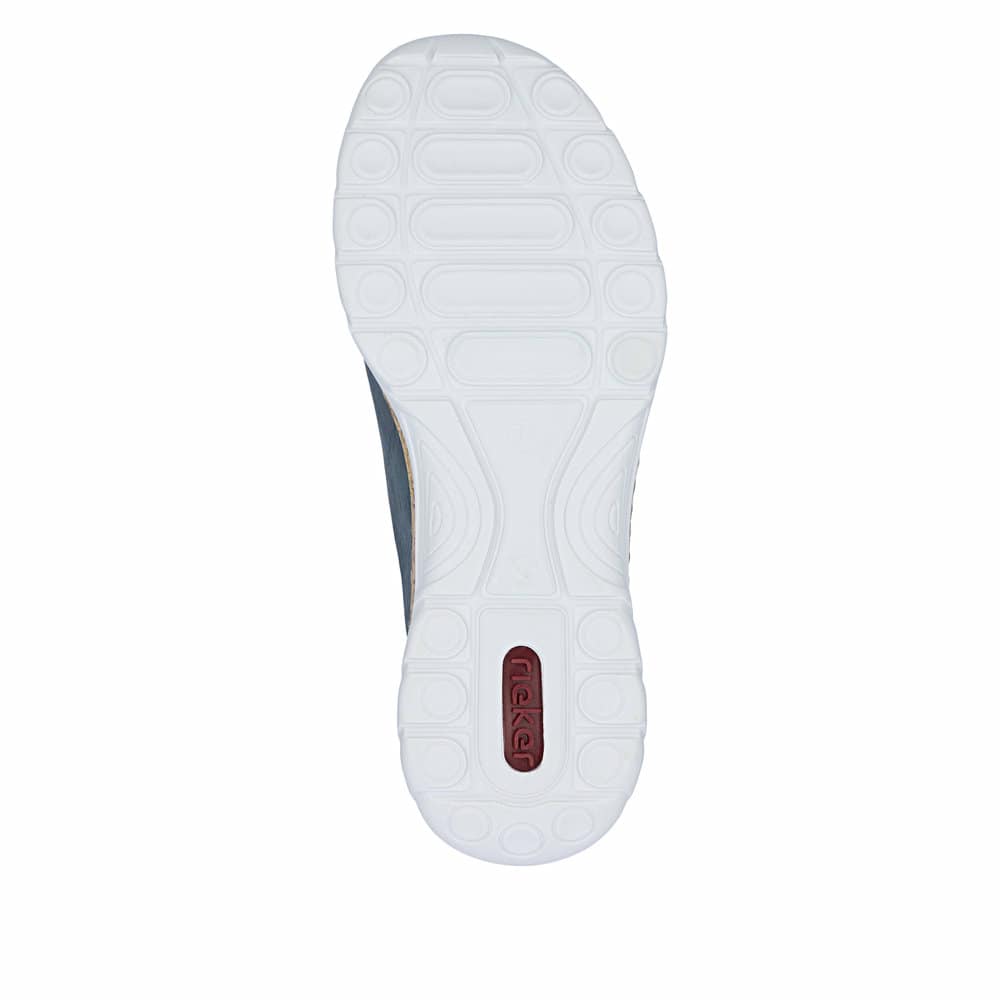 Blaue Rieker Damen Slipper N4264-14 mit einem Gummizug. Schuh Laufsohle.