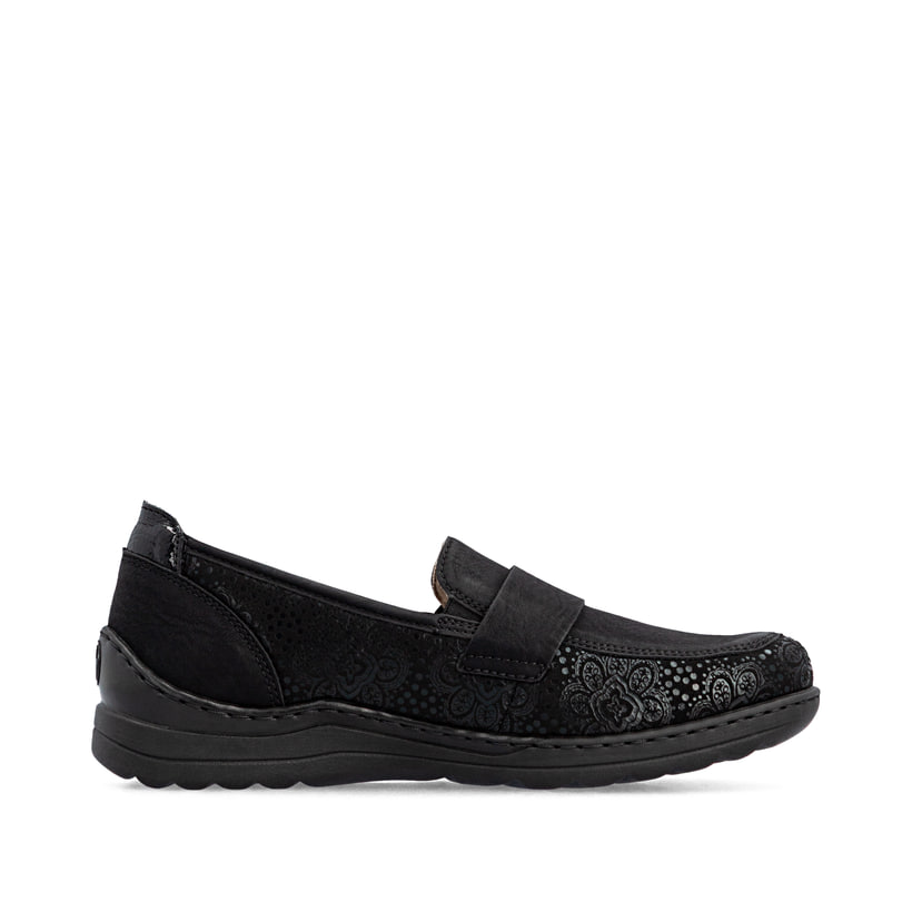 Mocassins Rieker noirs pour femmes 48968-00 avec bande élastique. Côté intérieur de la chaussure.