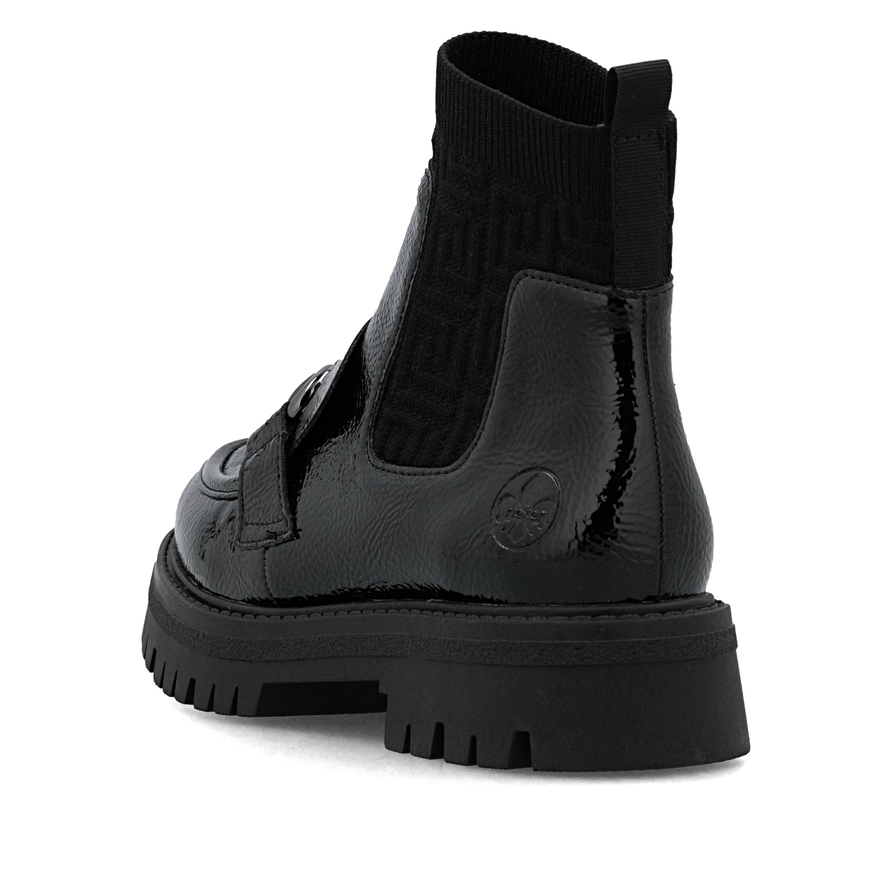 Schwarze Rieker Damen Chelsea Boots 47573-00 mit einer extra weichen Decksohle. Schuh von hinten.