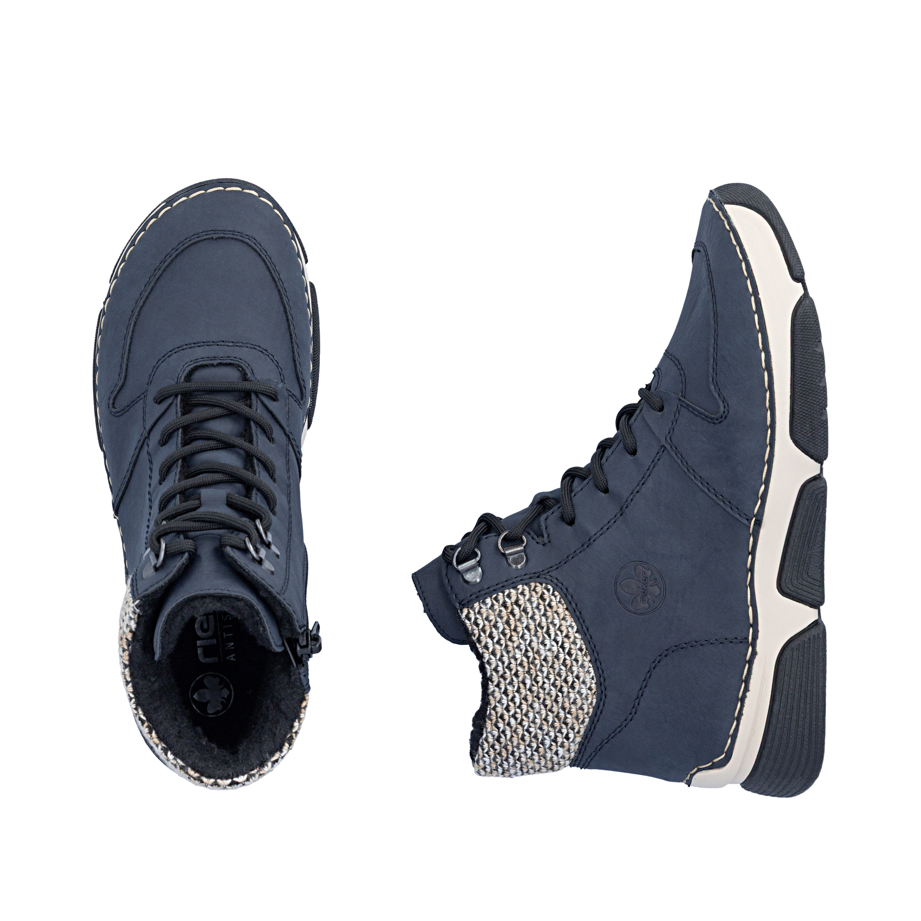 Dunkelblaue Rieker Damen Schnürstiefel 45955-15 mit Strick-Kragen. Schuh von oben, liegend.