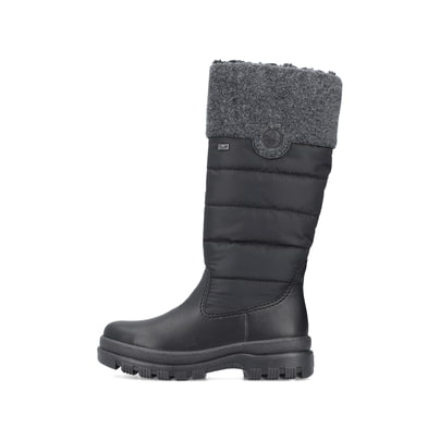 
Graphitschwarze Rieker Damen Hochschaftstiefel X9090-00 mit einer Profilsohle. Schuh Außenseite