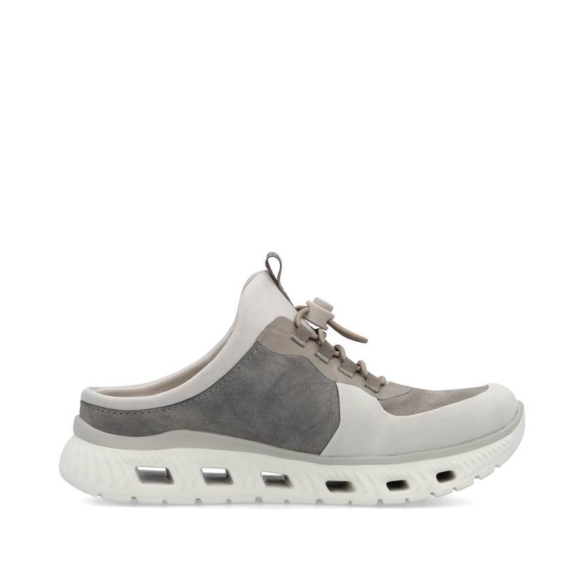 Graue Rieker Damen Clogs M6069-45 mit einem Gummizug sowie einer flexiblen Sohle. Schuh Innenseite.
