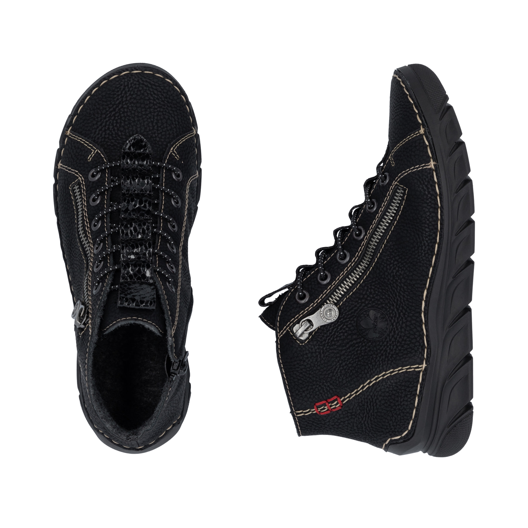 Schwarze Rieker Damen Schnürstiefel 55048-00 mit Verzierung über der Schnürung. Schuh von oben, liegend.