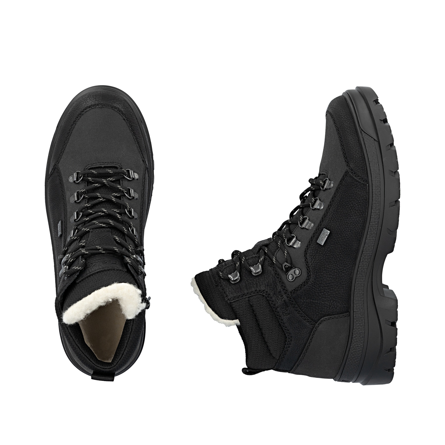 Schwarze Rieker Herren Schnürstiefel F5410-00 mit Flip-Grip Sohle. Schuh von oben, liegend.