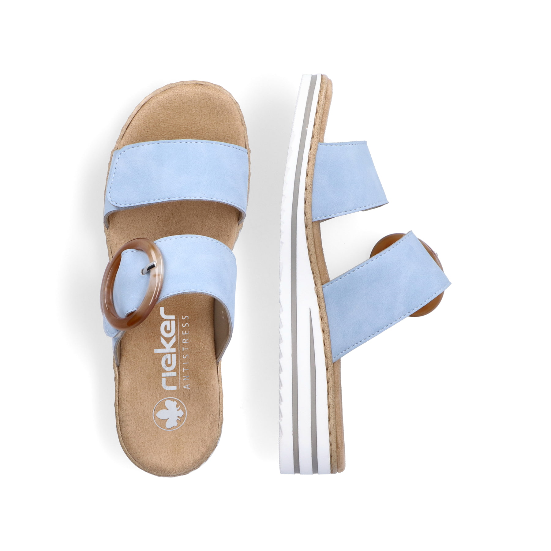 Blaue Rieker Damen Pantoletten V0692-10 mit trendigen Schnalle. Schuh von oben, liegend.