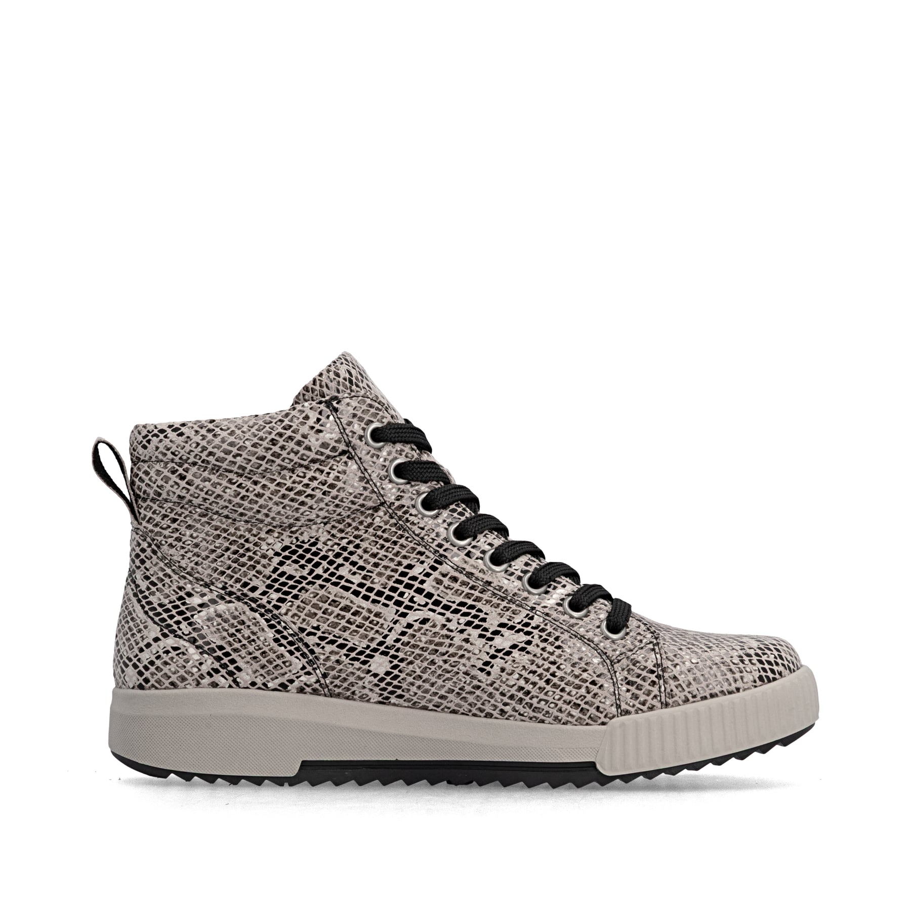 Beige-schwarze Rieker Damen Sneaker High W0164-64 mit modernen Ziernähten. Schuh Innenseite.