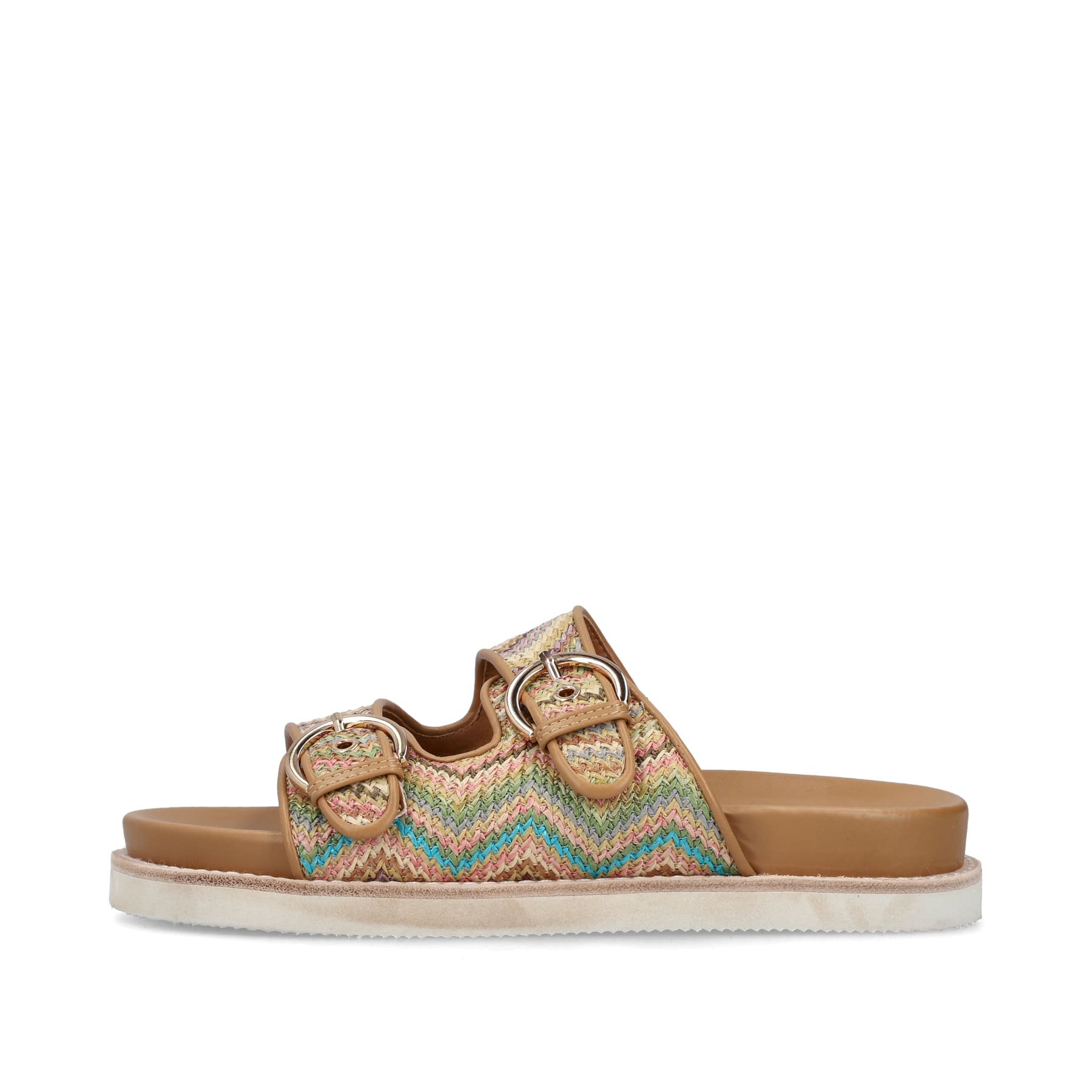 Mehrfarbige Rieker Damen Pantoletten V9584-90 mit einem Schnallen. Schuh Außenseite.