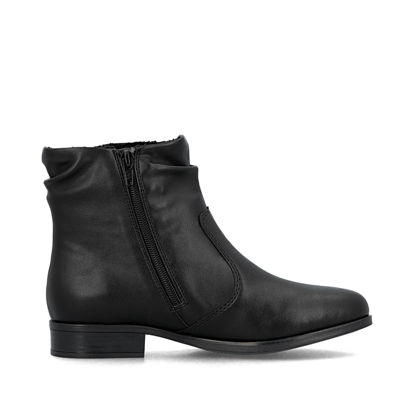 Schwarze Rieker Damen Stiefeletten 77041-00 mit einem Reißverschluss. Schuh Innenseite.