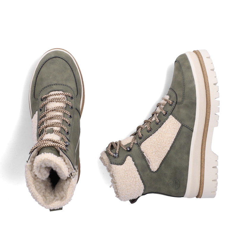 Vegane, khaki-beige Rieker Damen Schnürstiefel Y6214-54 mit Teddyfell-Details. Schuh von oben, liegend.