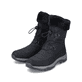 
Nachtschwarze Rieker Damen Schnürstiefel M9683-00 mit Gummizug sowie einer Profilsohle. Schuhpaar schräg.